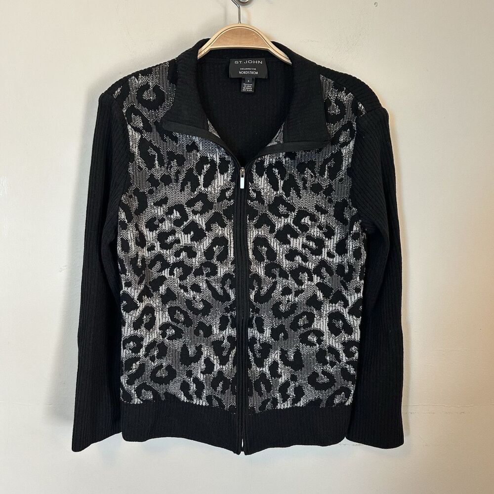 St. John Full Zip Sweater Leopard Print Knit 6 Silver Black Nordstrom Old Money